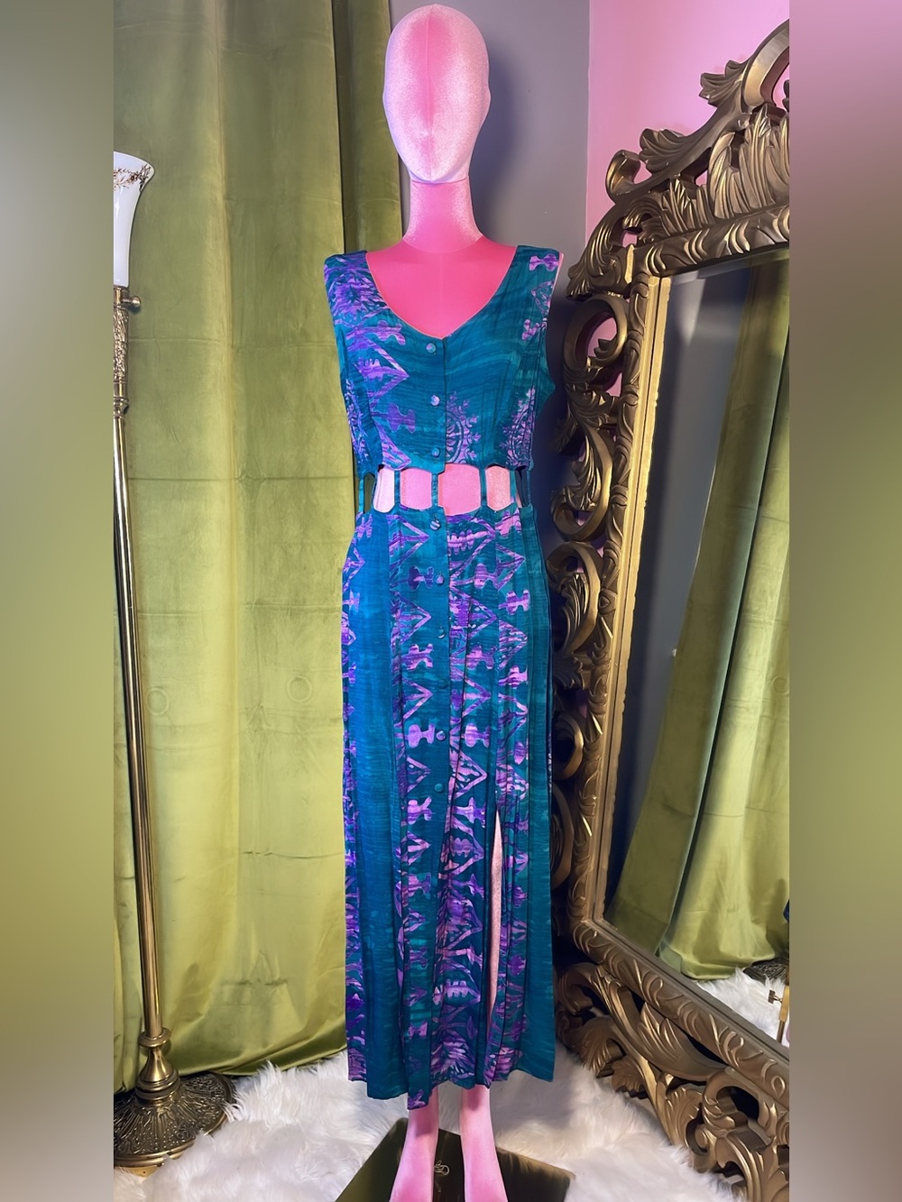 Sleeveless Teal and Purple Cutout Maxi Dress